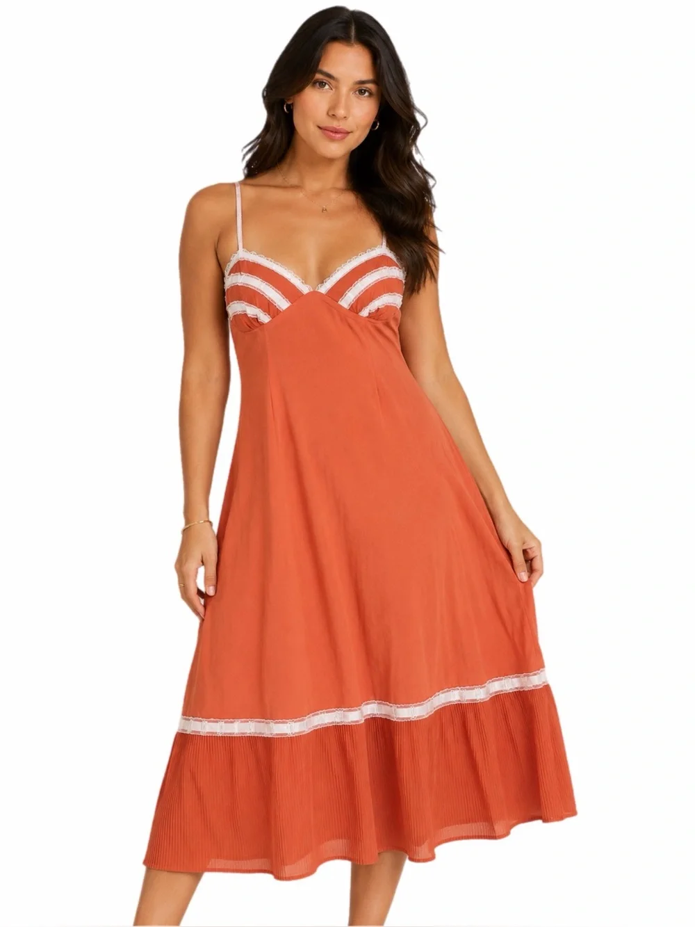 60s/70s European Vintage Pleated Hem & Embroidered Midi Slip Dress (Orange) 44/L